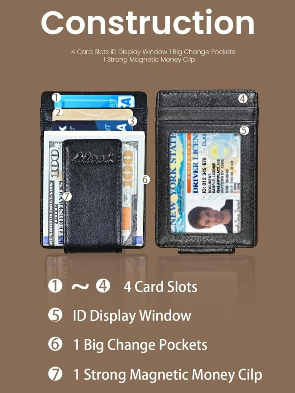 Slim Leather Money Clip Wallet for Men, RFID Blocking, Minimalist Card Holder